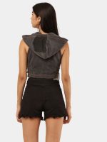 Reworked Black Denim Hooded Zip Crop Top - Image 2