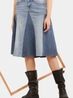 Broad Collar Reworked Levi’s Denim Top & Two-Tone Flared Studded Skirt Set - Image 2