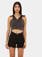 Reworked Black Denim Hooded Zip Crop Top - Image 9