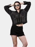 Silver Studded Black Denim Jacket – Hand Embellished Stud Work – Cropped Streetwear Jacket - Image 8