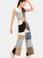 Upcycled Patchwork Baggy Denim Set – Multi-Brand Patch Jeans & Lace V-Neck Top - Image 6