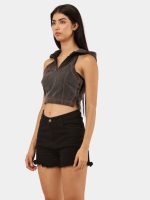 Reworked Black Denim Hooded Zip Crop Top - Image 8