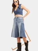 Broad Collar Reworked Levi’s Denim Top & Two-Tone Flared Studded Skirt Set - Image 5