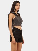 Reworked Black Denim Hooded Zip Crop Top - Image 7