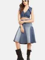 Broad Collar Reworked Levi’s Denim Top & Two-Tone Flared Studded Skirt Set - Image 10