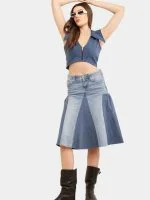 Broad Collar Reworked Levi’s Denim Top & Two-Tone Flared Studded Skirt Set - Image 8