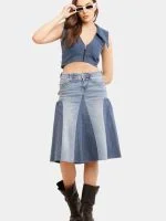 Broad Collar Reworked Levi’s Denim Top & Two-Tone Flared Studded Skirt Set - Image 4