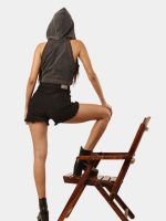 Reworked Black Denim Hooded Zip Crop Top - Image 4