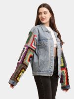 Unisex Crochet Denim Jacket – Multicolour Sleeve Statement - Image 4