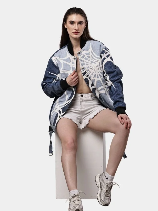 114 Spider Web Print Reworked Denim Jacket - Image 1
