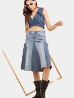 Broad Collar Reworked Levi’s Denim Top & Two-Tone Flared Studded Skirt Set - Image 11
