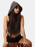Reworked Black Denim Hooded Zip Crop Top - Image 3