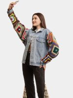 Unisex Crochet Denim Jacket – Multicolour Sleeve Statement - Image 2
