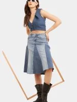 Broad Collar Reworked Levi’s Denim Top & Two-Tone Flared Studded Skirt Set - Image 6