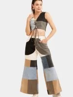 Upcycled Patchwork Baggy Denim Set – Multi-Brand Patch Jeans & Lace V-Neck Top - Image 3