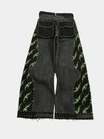 Black Patchwork Baggy Pants with Neon Green Hand Stitch - Image 19