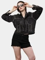 Silver Studded Black Denim Jacket – Hand Embellished Stud Work – Cropped Streetwear Jacket - Image 7