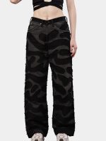 Reworked Black Patchwork Denim Pants – Wavy Overlay Design - Image 12