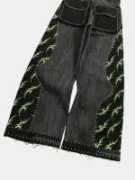 Black Patchwork Baggy Pants with Neon Green Hand Stitch - Image 18