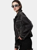 Silver Studded Black Denim Jacket – Hand Embellished Stud Work – Cropped Streetwear Jacket - Image 6