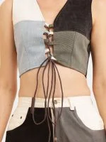 Upcycled Patchwork Baggy Denim Set – Multi-Brand Patch Jeans & Lace V-Neck Top - Image 4