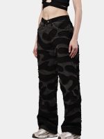 Reworked Black Patchwork Denim Pants – Wavy Overlay Design - Image 11