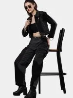 Duo Tone Black Reworked Jacket with Zipper Detail & White Thread Patchwork - Image 2