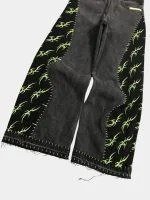 Black Patchwork Baggy Pants with Neon Green Hand Stitch - Image 17