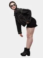 Silver Studded Black Denim Jacket – Hand Embellished Stud Work – Cropped Streetwear Jacket - Image 5