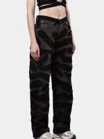 Reworked Black Patchwork Denim Pants – Wavy Overlay Design - Image 10
