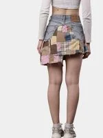 Reworked Denim Patchwork Skirt with Gingham & Canvas Panels - Image 2