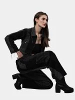 Duo Tone Black Reworked Jacket with Zipper Detail & White Thread Patchwork - Image 3