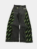Black Patchwork Baggy Pants with Neon Green Hand Stitch - Image 16