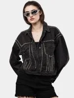 Silver Studded Black Denim Jacket – Hand Embellished Stud Work – Cropped Streetwear Jacket - Image 4