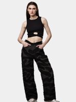 Reworked Black Patchwork Denim Pants – Wavy Overlay Design - Image 9