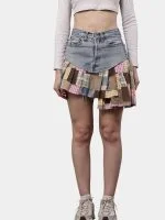 Reworked Denim Patchwork Skirt with Gingham & Canvas Panels - Image 13