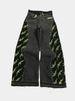 Black Patchwork Baggy Pants with Neon Green Hand Stitch - Image 15