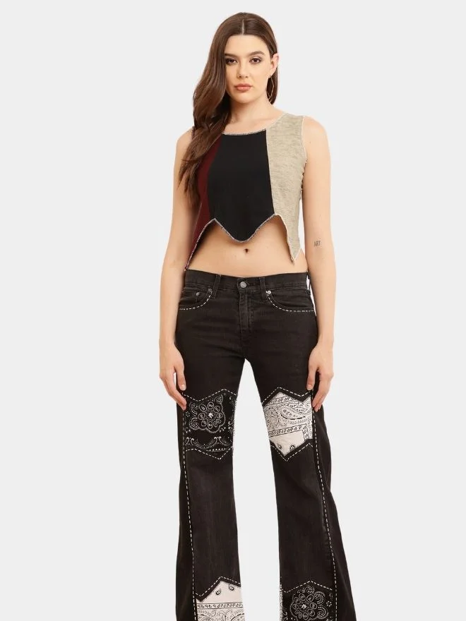 160 Bandana Panel Reworked Levi’s Jeans & Sleeveless Knit Panel Top Co-Ord Set - Image 1