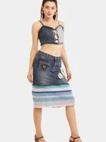 Distressed Heart Denim Top & Crochet Patchwork Skirt Set - Image 3
