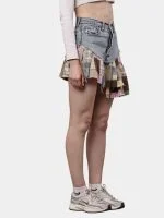 Reworked Denim Patchwork Skirt with Gingham & Canvas Panels - Image 11