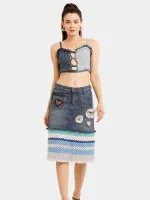Distressed Heart Denim Top & Crochet Patchwork Skirt Set - Image 8