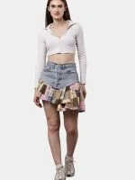 Reworked Denim Patchwork Skirt with Gingham & Canvas Panels - Image 10