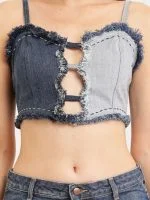Distressed Heart Denim Top & Crochet Patchwork Skirt Set - Image 4
