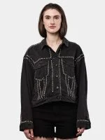 Silver Studded Black Denim Jacket – Hand Embellished Stud Work – Cropped Streetwear Jacket - Image 17