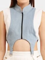 Upcycled White & Blue Streetwear Co-Ord Set – Zip Top & Pleated Skirt - Image 7