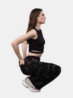 Reworked Black Patchwork Denim Pants – Wavy Overlay Design - Image 5