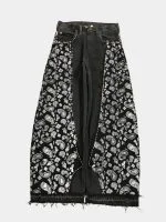 Black Paisley Rework Baggy Pants – Hand-Stitched White Thread Detail - Image 15