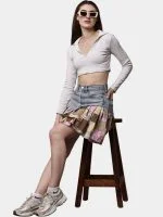 Reworked Denim Patchwork Skirt with Gingham & Canvas Panels - Image 8