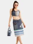 Distressed Heart Denim Top & Crochet Patchwork Skirt Set