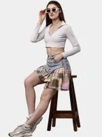 Reworked Denim Patchwork Skirt with Gingham & Canvas Panels - Image 6